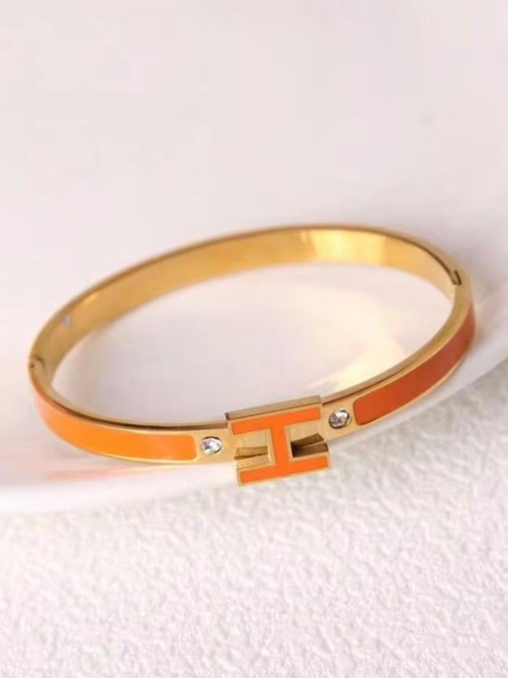 Orange Enamel Gold-Tone H Cuff Bracelet with Crystal Accents NWOT